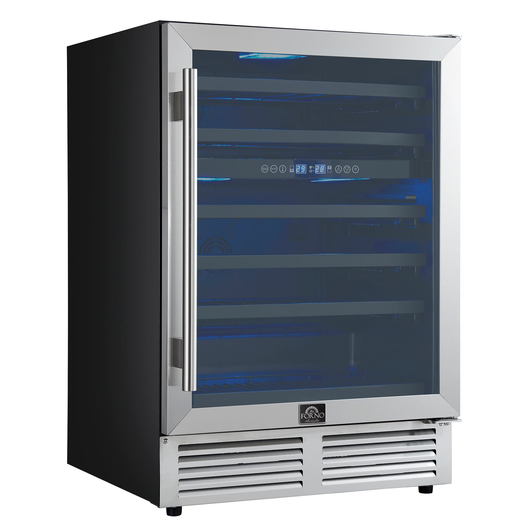 Forno Bacchino 24 Inch Wine Cooler, Stainless Steel, with LED Lighting, Triple Glass Door, 51 Bottle Capacity, Built-In or Freestanding - BonPrix Électroménagers