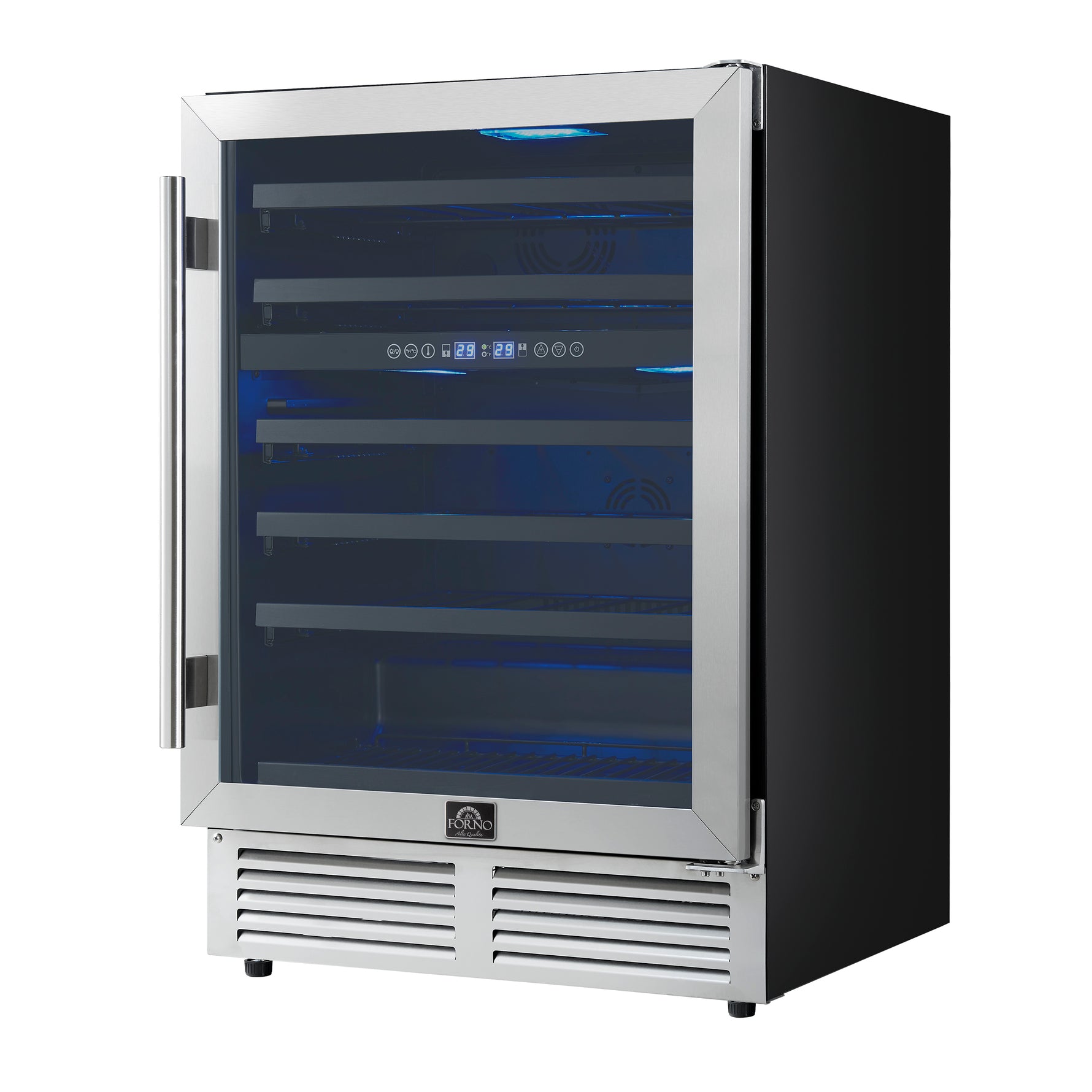 Forno Bacchino 24 Inch Wine Cooler, Stainless Steel, with LED Lighting, Triple Glass Door, 51 Bottle Capacity, Built-In or Freestanding - BonPrix Électroménagers