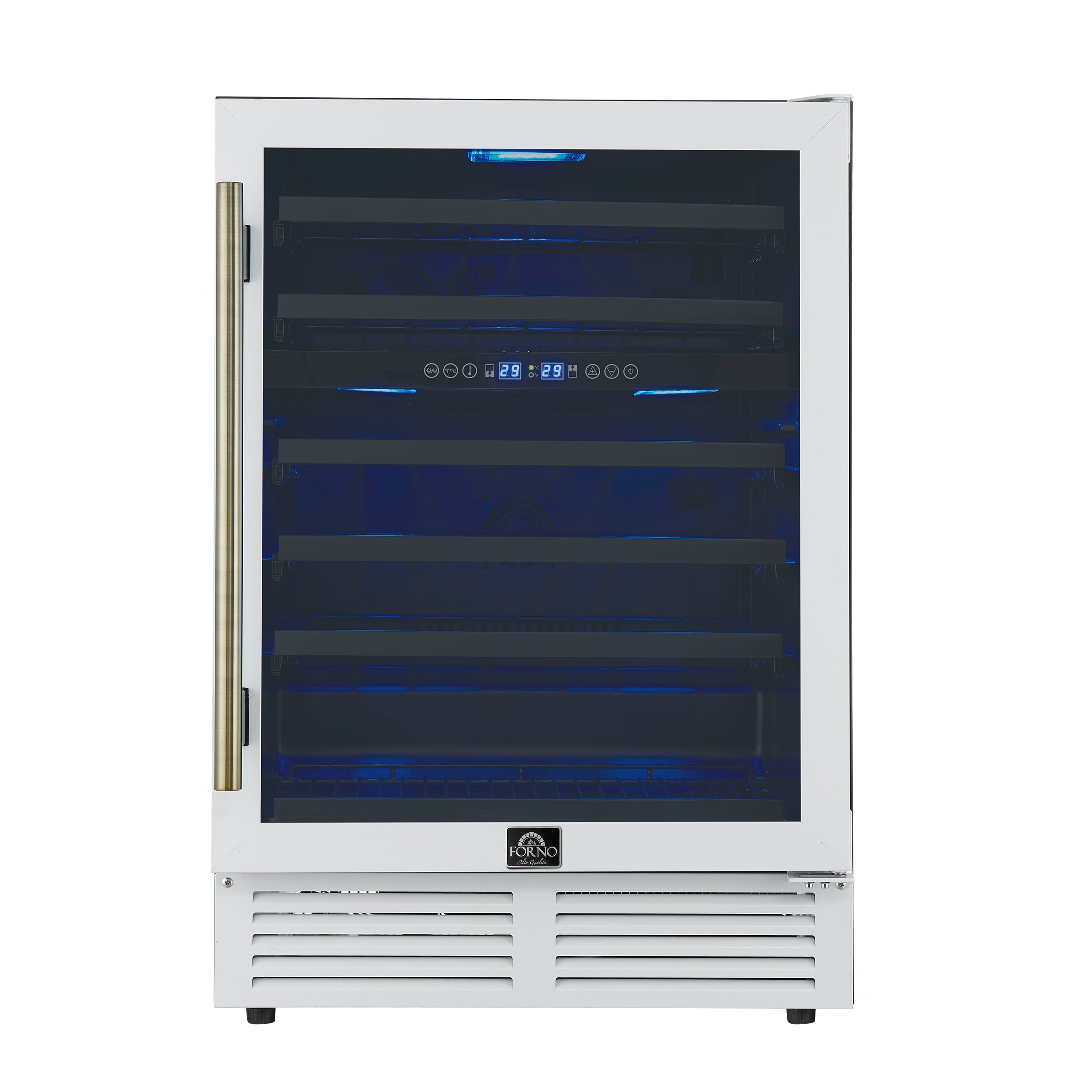 Forno Bacchino 24 Inch Wine Cooler, White with Antique Brass Handles, with LED Lighting, Triple Glass Door, 51 Bottle Capacity, Built-In or Freestanding - BonPrix Électroménagers