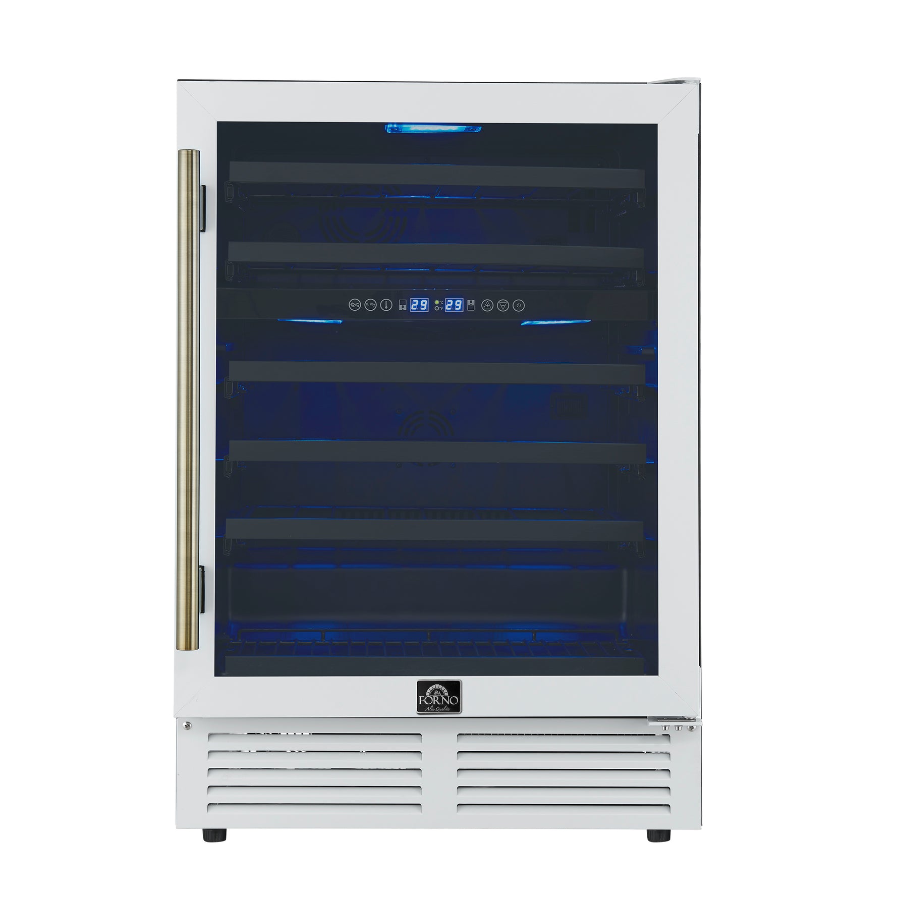 Forno Bacchino 24 Inch Wine Cooler, White with Antique Brass Handles, with LED Lighting, Triple Glass Door, 51 Bottle Capacity, Built-In or Freestanding - BonPrix Électroménagers