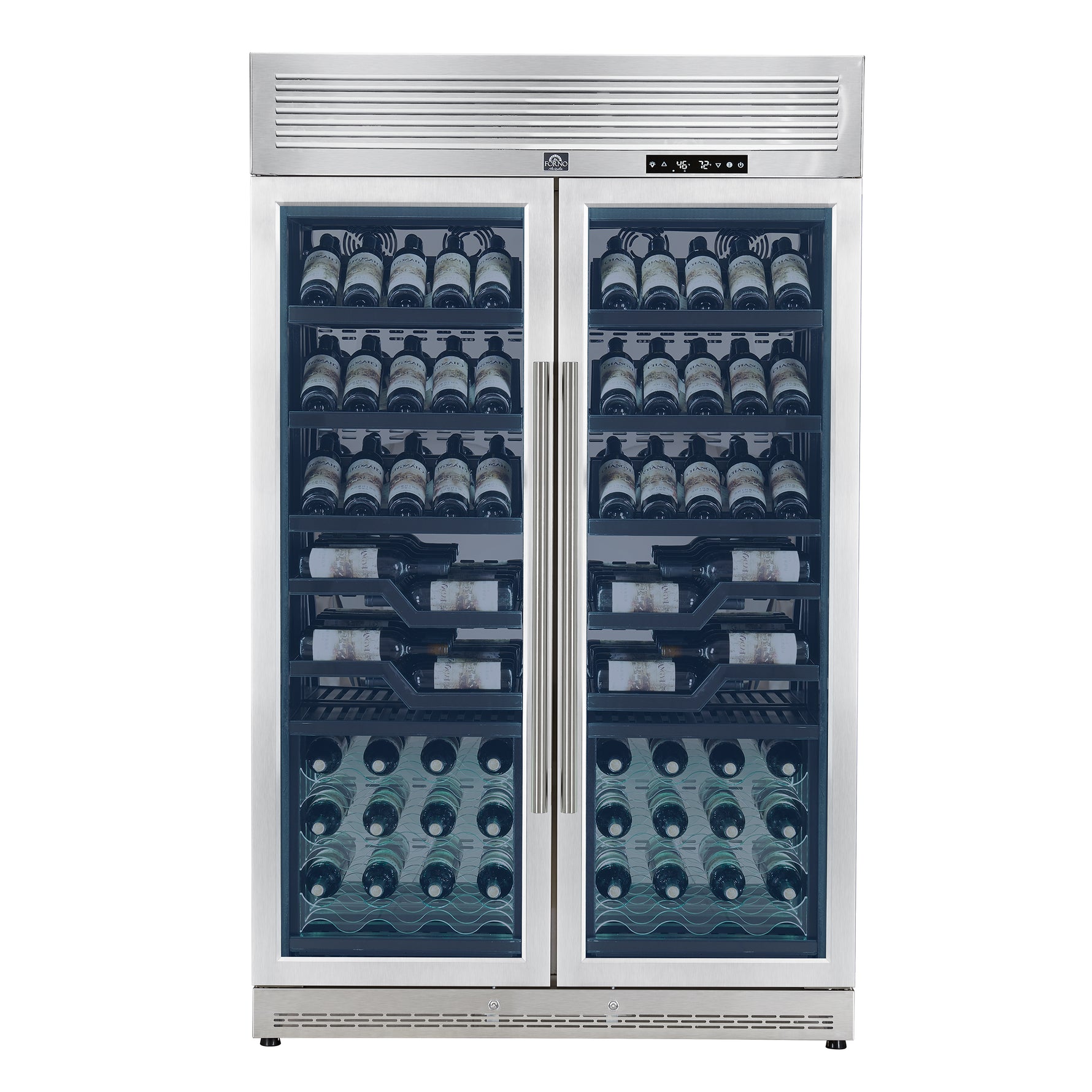 FORNO Abruzzo 48-Inch Dual Zones Wine Cellar, 102 Bottles, 24 cu. ft., Green Acrylic Holders & Black Shelves - BonPrix Électroménagers