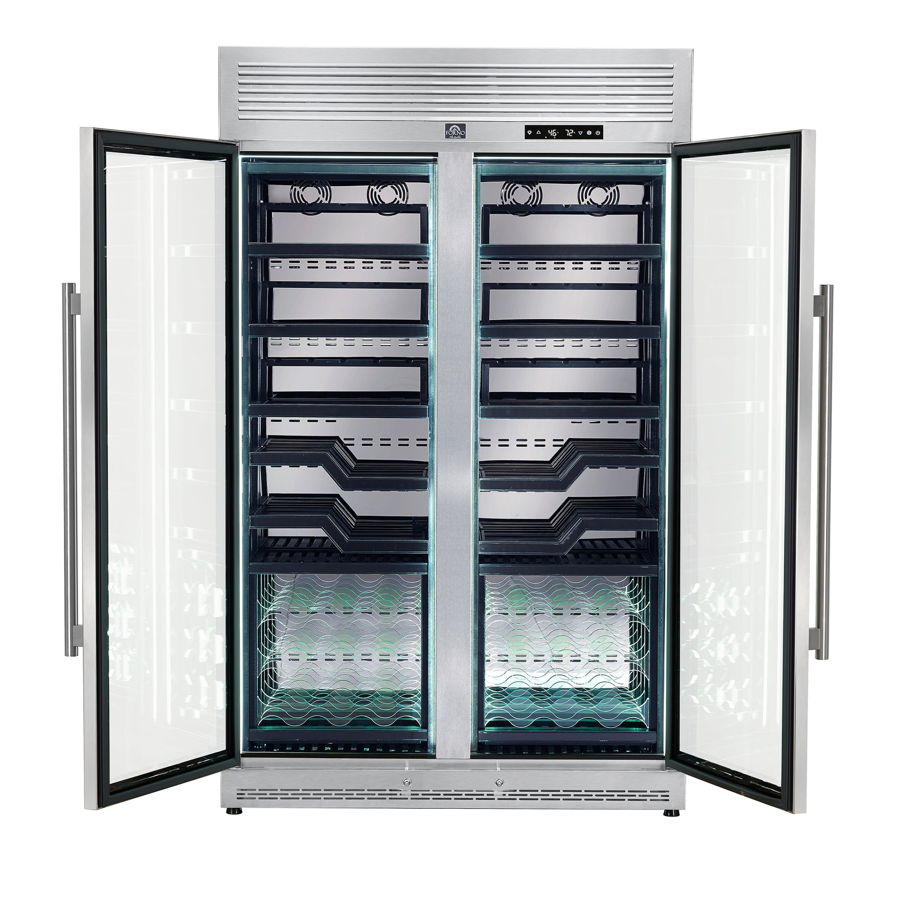 FORNO Abruzzo 48-Inch Dual Zones Wine Cellar, 102 Bottles, 24 cu. ft., Green Acrylic Holders & Black Shelves - BonPrix Électroménagers