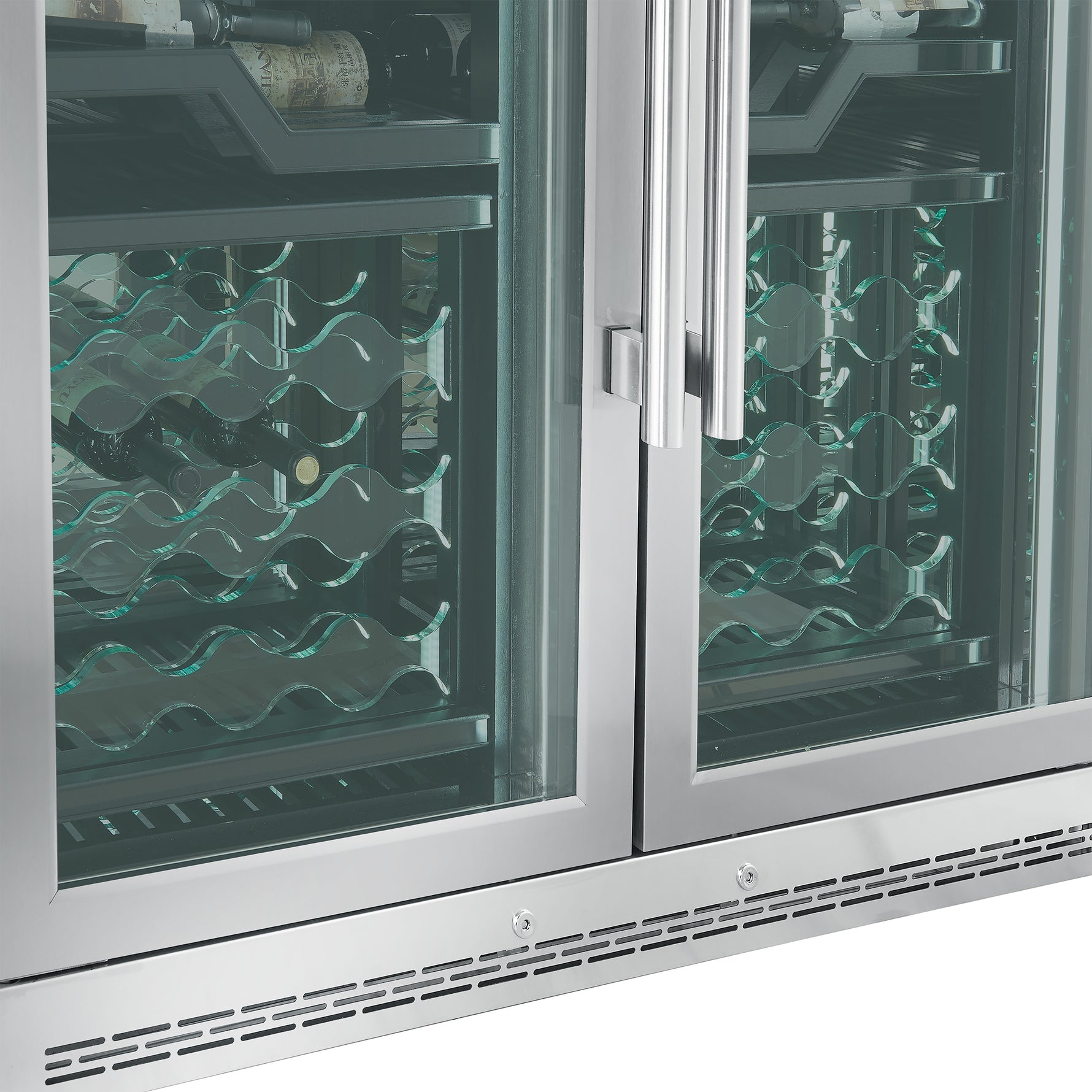 FORNO Abruzzo 48-Inch Dual Zones Wine Cellar, 102 Bottles, 24 cu. ft., Green Acrylic Holders & Black Shelves - BonPrix Électroménagers