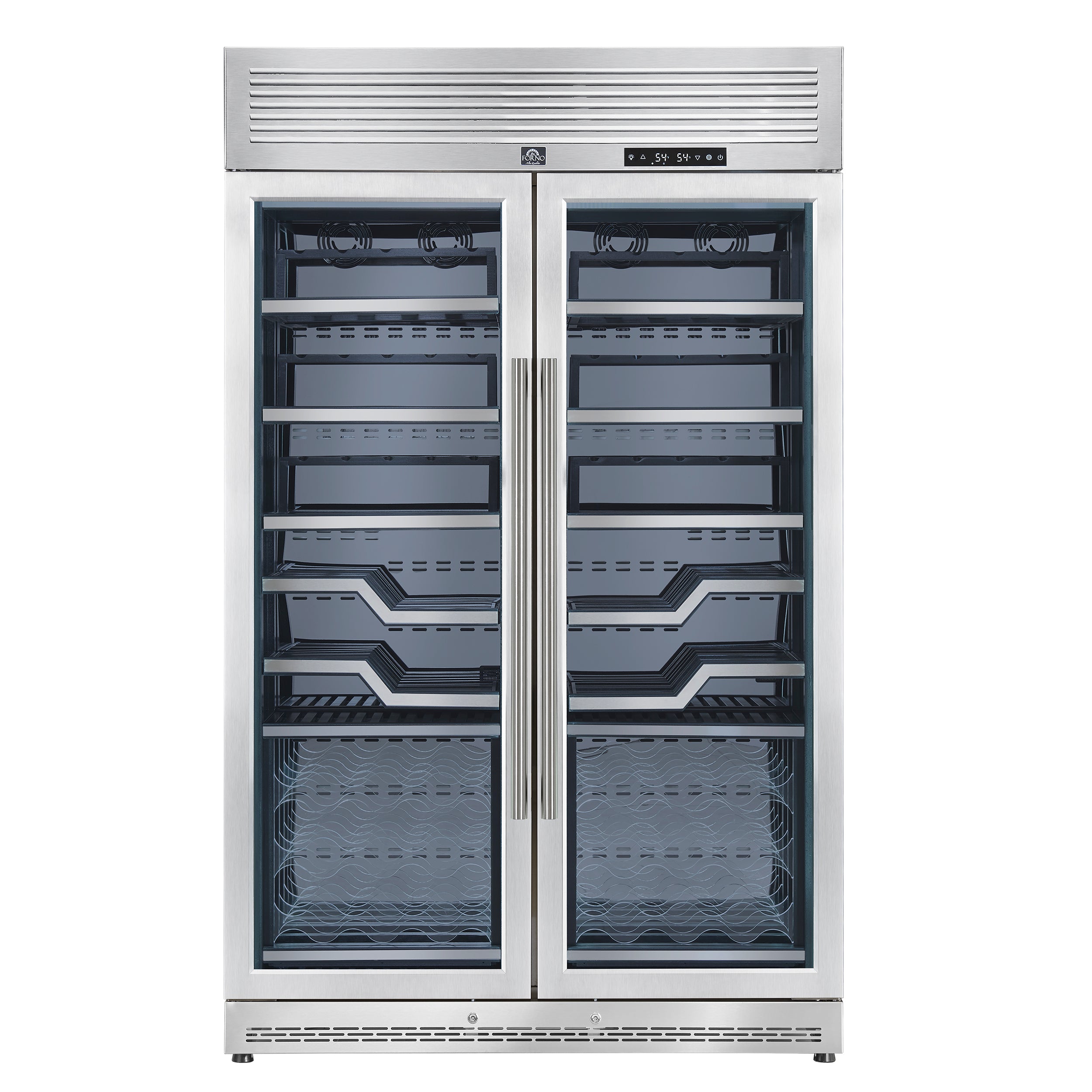 FORNO Abruzzo 48-Inch Dual Zone Wine Cellar, 102 Bottles, 24 cu. ft., Clear Acrylic Holders & Stainless Trim Shelves - BonPrix Électroménagers