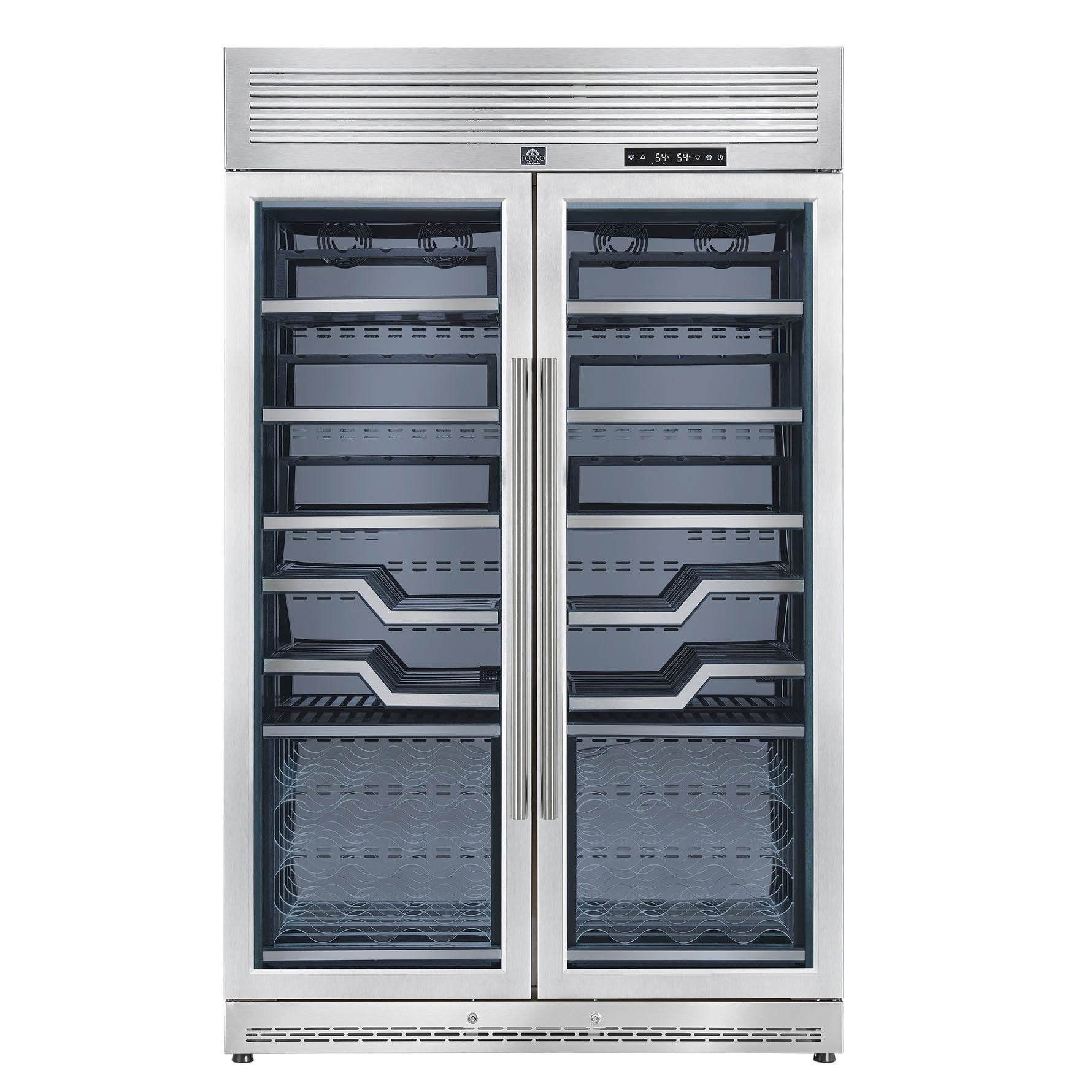 FORNO Abruzzo 48-Inch Dual Zone Wine Cellar, 102 Bottles, 24 cu. ft., Clear Acrylic Holders & Stainless Trim Shelves - BonPrix Électroménagers