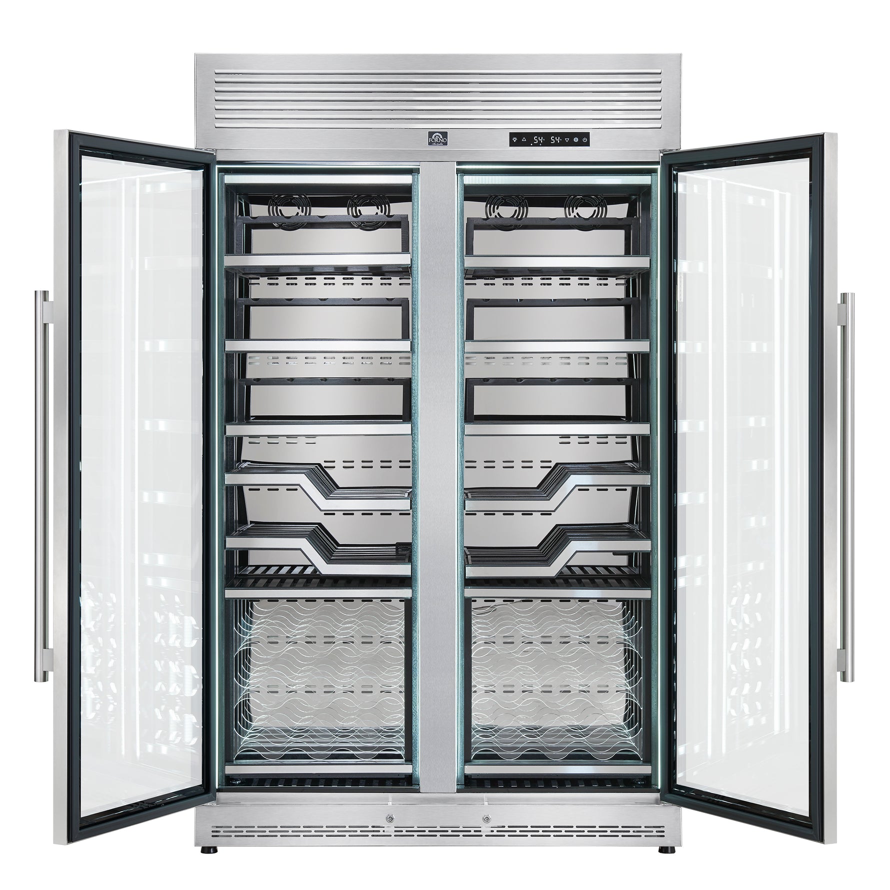 FORNO Abruzzo 48-Inch Dual Zone Wine Cellar, 102 Bottles, 24 cu. ft., Clear Acrylic Holders & Stainless Trim Shelves - BonPrix Électroménagers