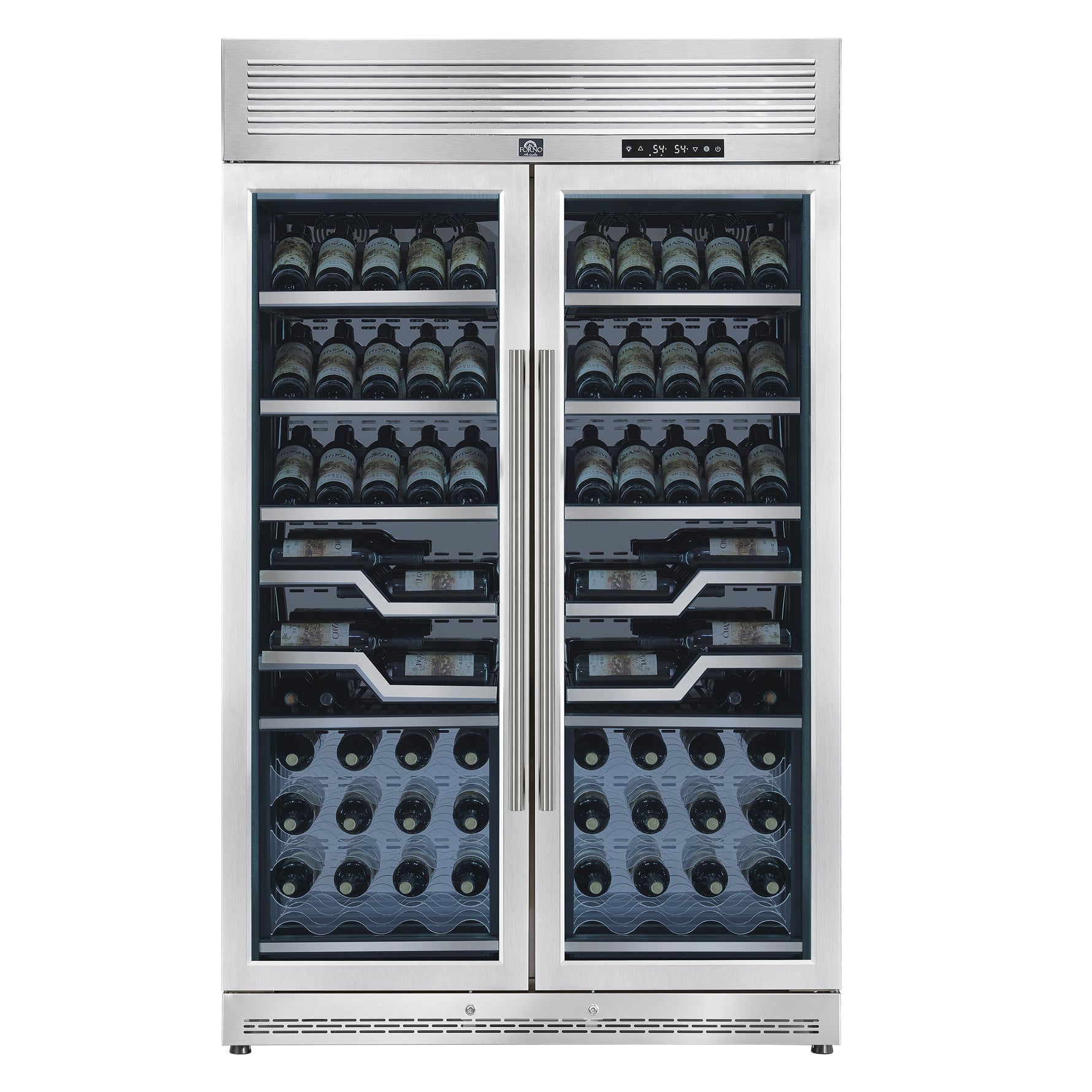 FORNO Abruzzo 48-Inch Dual Zone Wine Cellar, 102 Bottles, 24 cu. ft., Clear Acrylic Holders & Stainless Trim Shelves - BonPrix Électroménagers