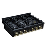 Ambassador 36" Gas Cooktop in Black, 6 Sealed burners, 71,000 BTU Output, 1 Antique Brass Dual-Ring Burner, Continuous Cast Iron Grates - BonPrix Électroménagers
