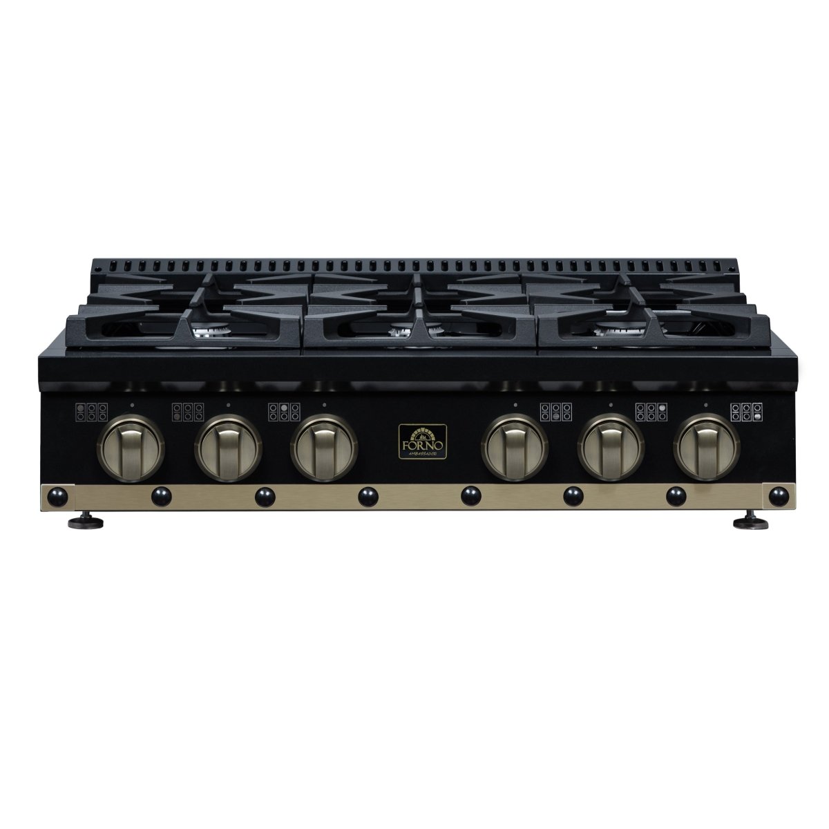 Ambassador 36" Gas Cooktop in Black, 6 Sealed burners, 71,000 BTU Output, 1 Antique Brass Dual-Ring Burner, Continuous Cast Iron Grates - BonPrix Électroménagers