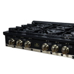 Ambassador 36" Gas Cooktop in Black, 6 Sealed burners, 71,000 BTU Output, 1 Antique Brass Dual-Ring Burner, Continuous Cast Iron Grates - BonPrix Électroménagers