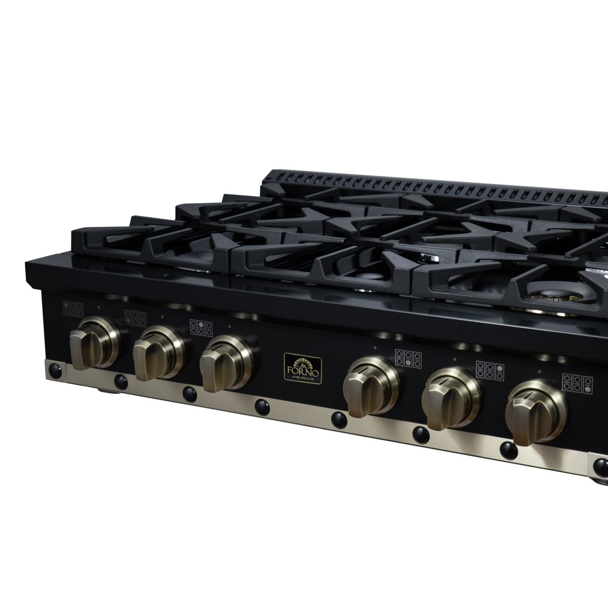 Ambassador 36" Gas Cooktop in Black, 6 Sealed burners, 71,000 BTU Output, 1 Antique Brass Dual-Ring Burner, Continuous Cast Iron Grates - BonPrix Électroménagers