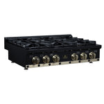 Ambassador 36" Gas Cooktop in Black, 6 Sealed burners, 71,000 BTU Output, 1 Antique Brass Dual-Ring Burner, Continuous Cast Iron Grates - BonPrix Électroménagers