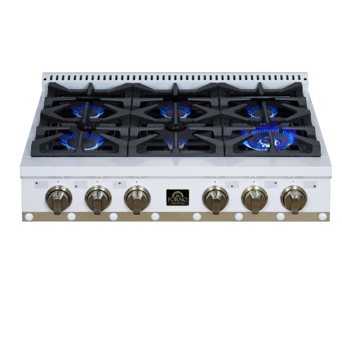 Ambassador 36" Gas Cooktop in White, 6 Sealed burners, 71,000 BUT Output, 1 Antique Brass Dual-Ring Burner, Continuous Cast Iron Grates - BonPrix Électroménagers