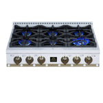 Ambassador 36" Gas Cooktop in White, 6 Sealed burners, 71,000 BUT Output, 1 Antique Brass Dual-Ring Burner, Continuous Cast Iron Grates - BonPrix Électroménagers