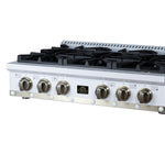 Ambassador 36" Gas Cooktop in White, 6 Sealed burners, 71,000 BUT Output, 1 Antique Brass Dual-Ring Burner, Continuous Cast Iron Grates - BonPrix Électroménagers