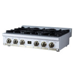 Ambassador 36" Gas Cooktop in White, 6 Sealed burners, 71,000 BUT Output, 1 Antique Brass Dual-Ring Burner, Continuous Cast Iron Grates - BonPrix Électroménagers