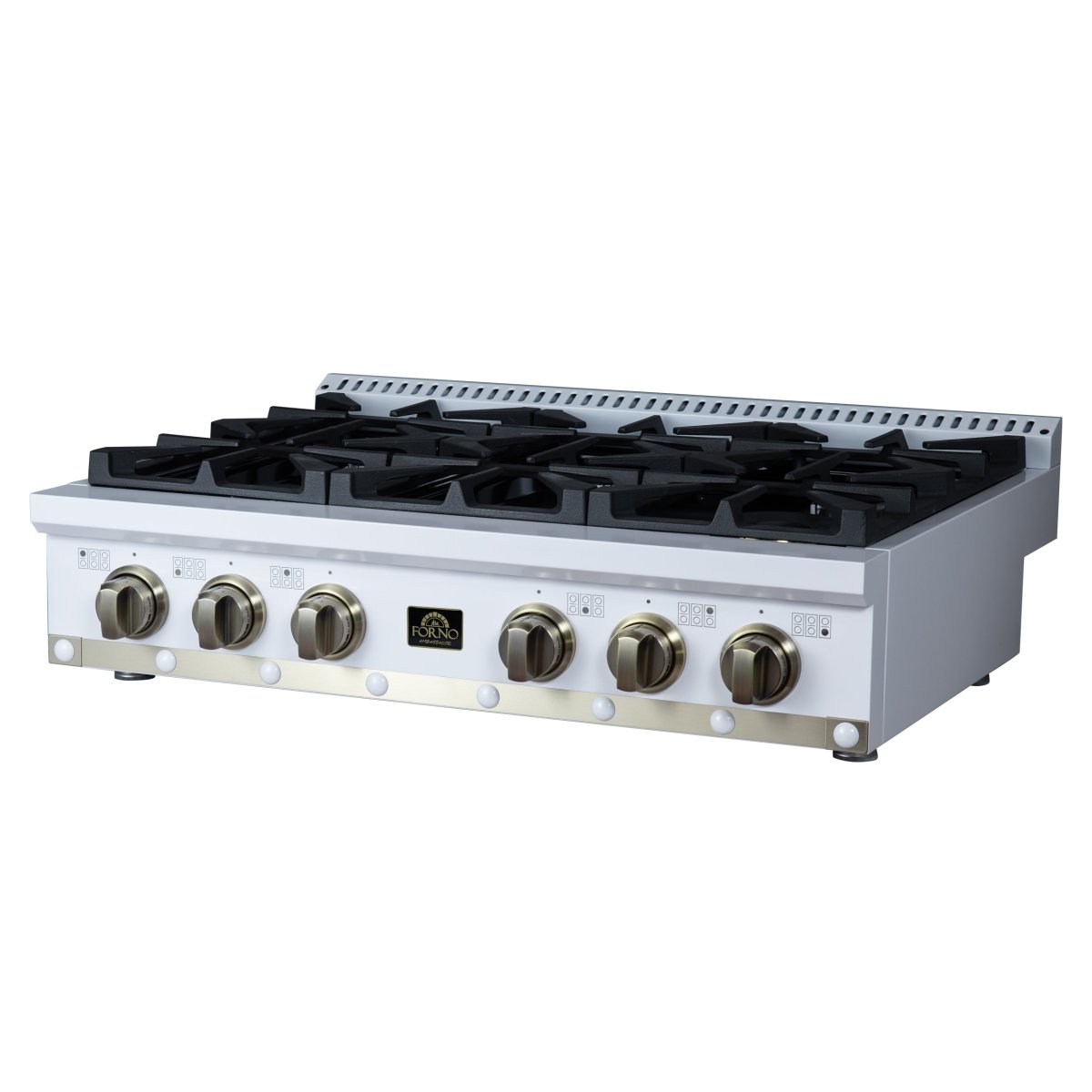 Ambassador 36" Gas Cooktop in White, 6 Sealed burners, 71,000 BUT Output, 1 Antique Brass Dual-Ring Burner, Continuous Cast Iron Grates - BonPrix Électroménagers