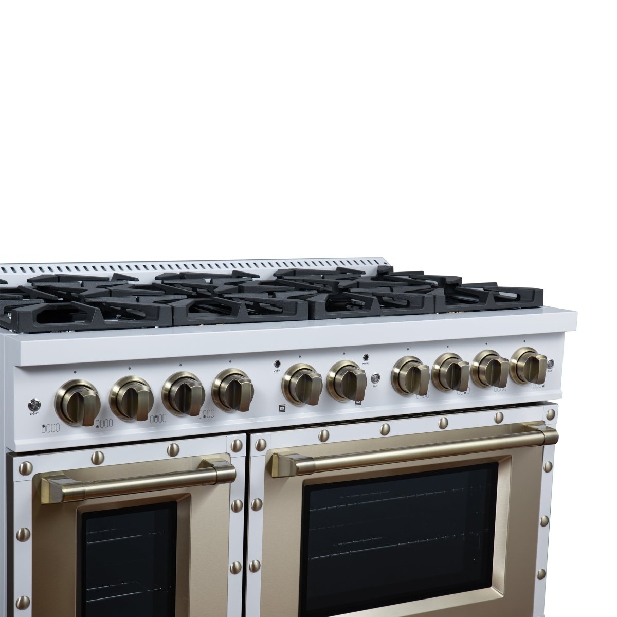 Ambassador 48" Dual Fuel Range in White, 8 Sealed Burners, 94 000 BTU Cooktop Output, 6.7 Cu.Ft. Double Oven, Telescopic Racks - BonPrix Électroménagers