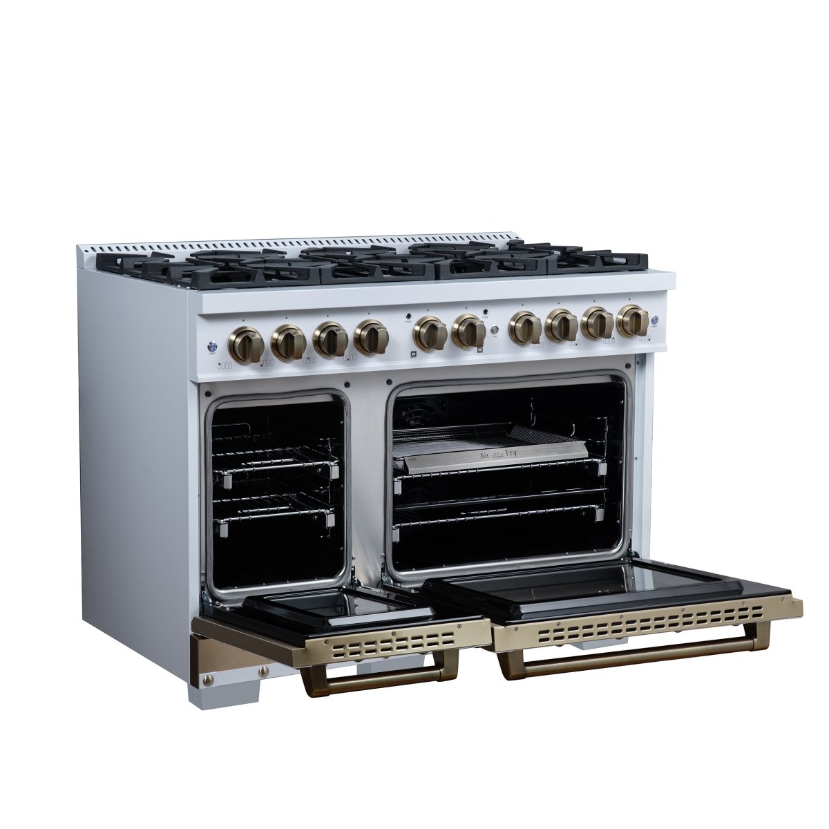 Ambassador 48" Dual Fuel Range in White, 8 Sealed Burners, 94 000 BTU Cooktop Output, 6.7 Cu.Ft. Double Oven, Telescopic Racks - BonPrix Électroménagers