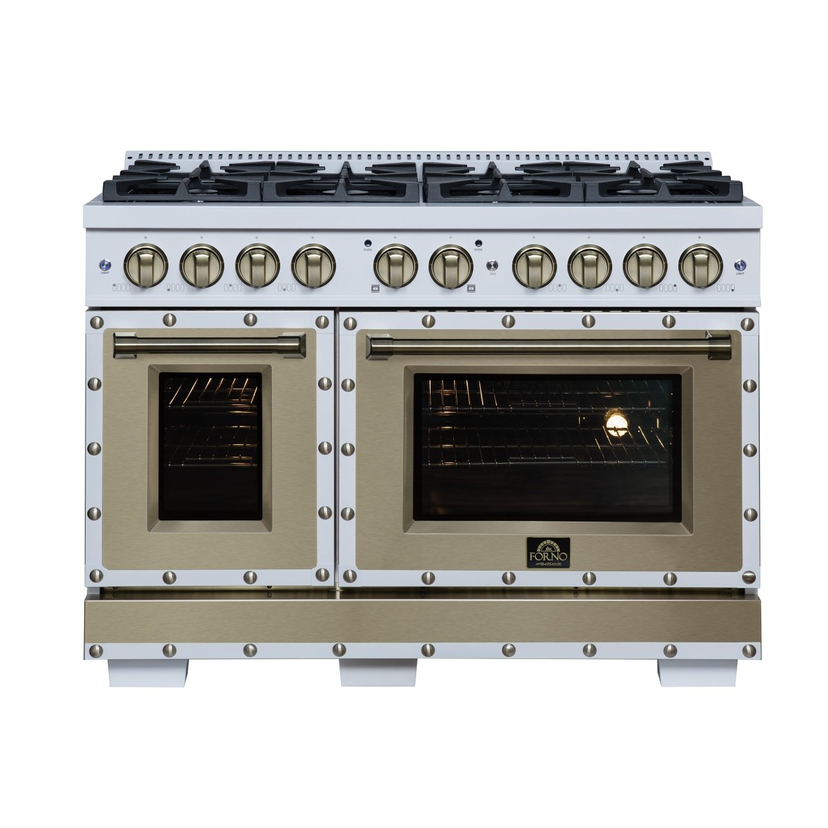 Ambassador 48" Dual Fuel Range in White, 8 Sealed Burners, 94 000 BTU Cooktop Output, 6.7 Cu.Ft. Double Oven, Telescopic Racks - BonPrix Électroménagers