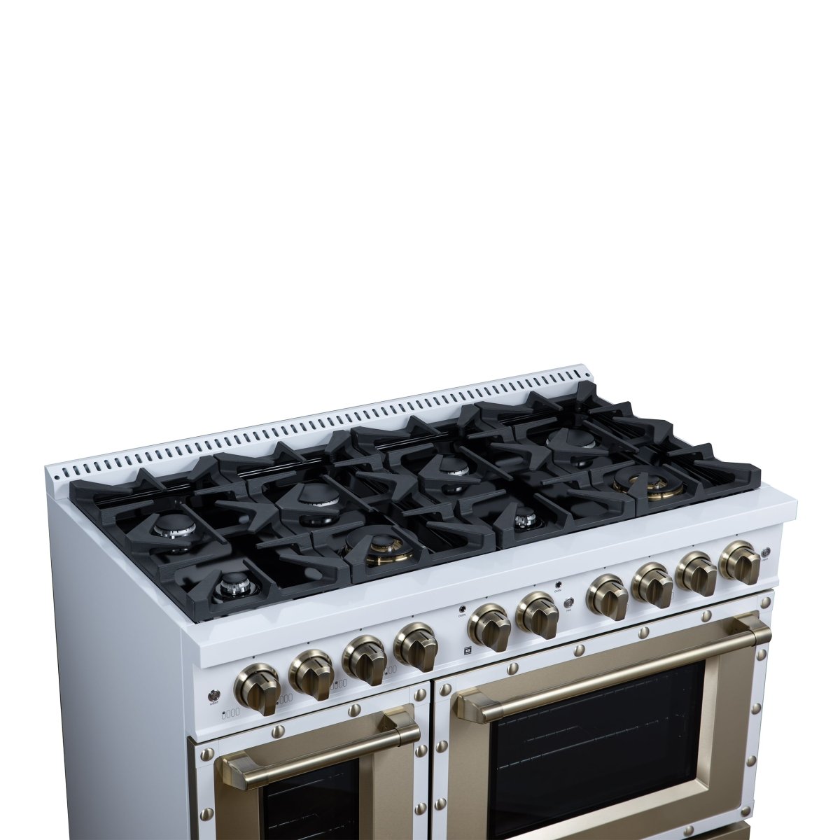 Ambassador 48" Dual Fuel Range in White, 8 Sealed Burners, 94 000 BTU Cooktop Output, 6.7 Cu.Ft. Double Oven, Telescopic Racks - BonPrix Électroménagers