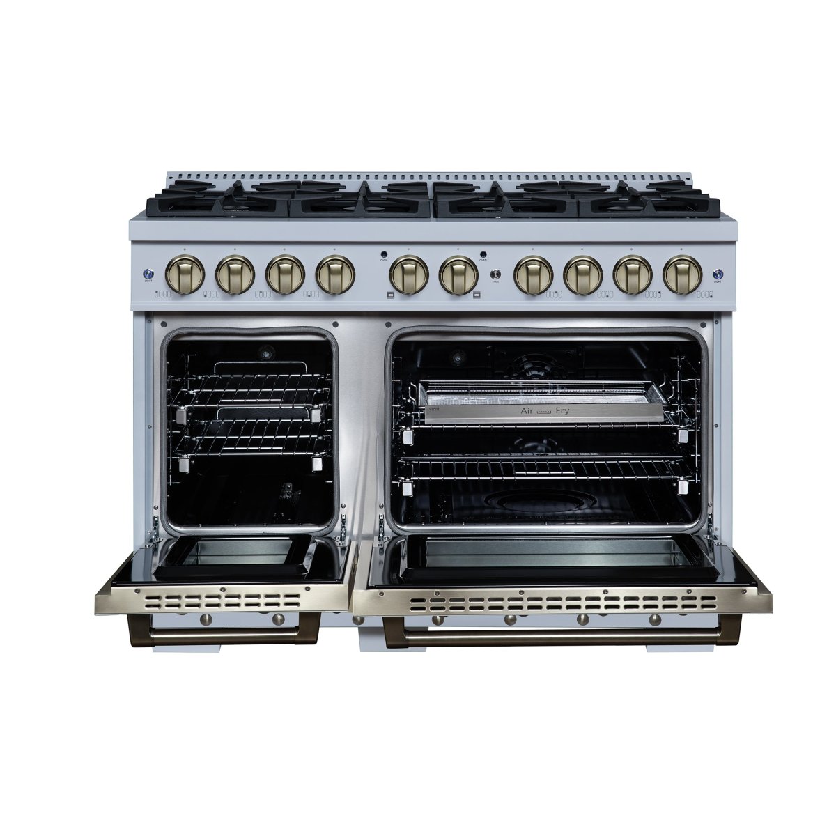 Ambassador 48" Dual Fuel Range in White, 8 Sealed Burners, 94 000 BTU Cooktop Output, 6.7 Cu.Ft. Double Oven, Telescopic Racks - BonPrix Électroménagers