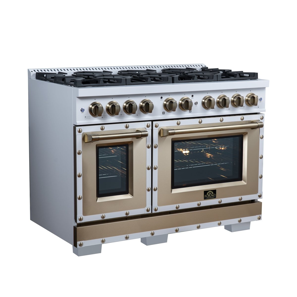 Ambassador 48" Dual Fuel Range in White, 8 Sealed Burners, 94 000 BTU Cooktop Output, 6.7 Cu.Ft. Double Oven, Telescopic Racks - BonPrix Électroménagers