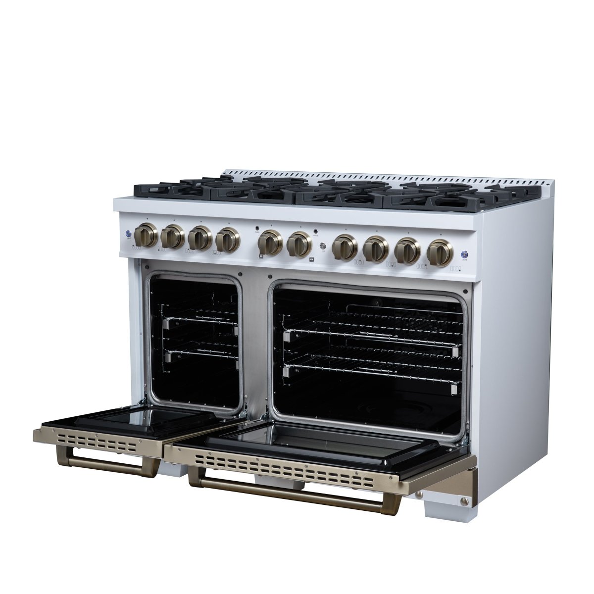 Ambassador 48" Dual Fuel Range in White, 8 Sealed Burners, 94 000 BTU Cooktop Output, 6.7 Cu.Ft. Double Oven, Telescopic Racks - BonPrix Électroménagers