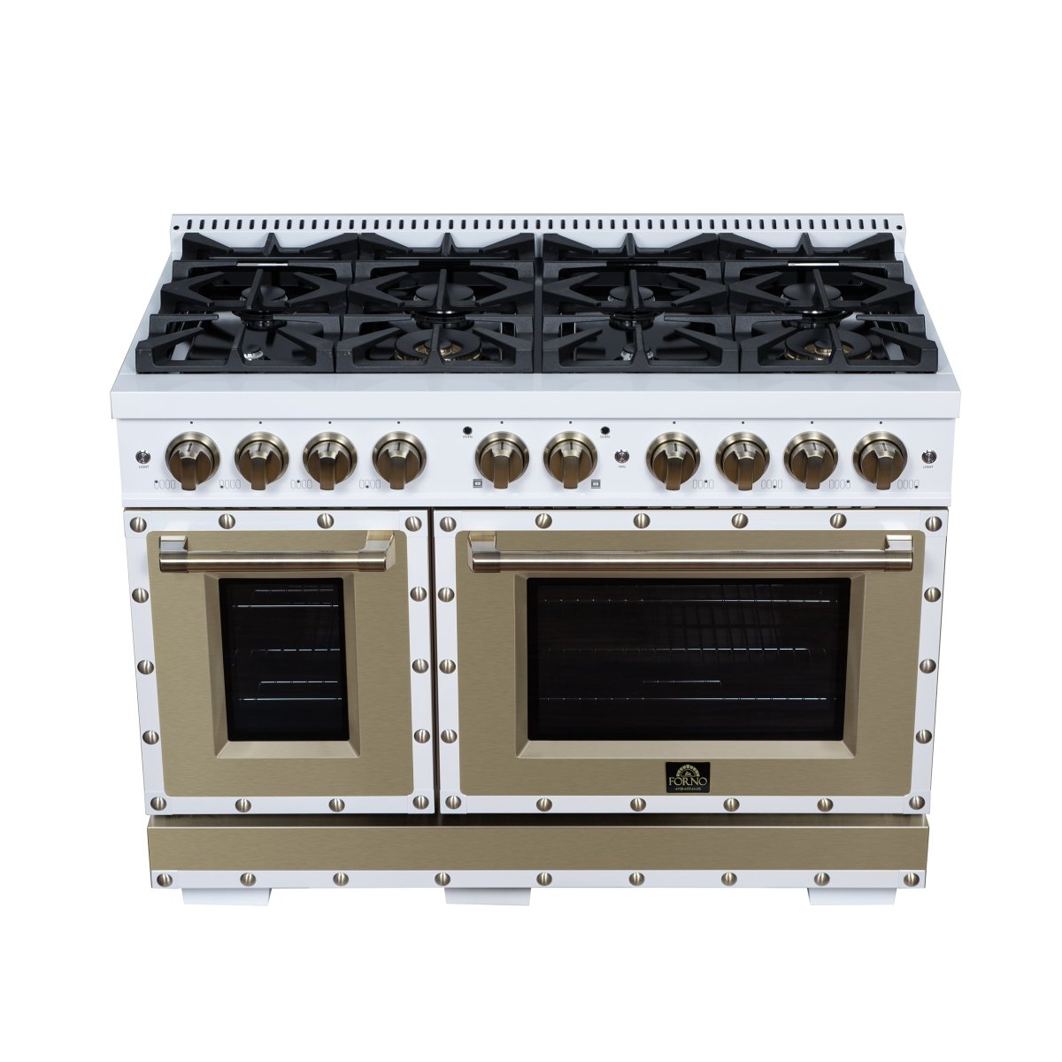 Ambassador 48" Dual Fuel Range in White, 8 Sealed Burners, 94 000 BTU Cooktop Output, 6.7 Cu.Ft. Double Oven, Telescopic Racks - BonPrix Électroménagers
