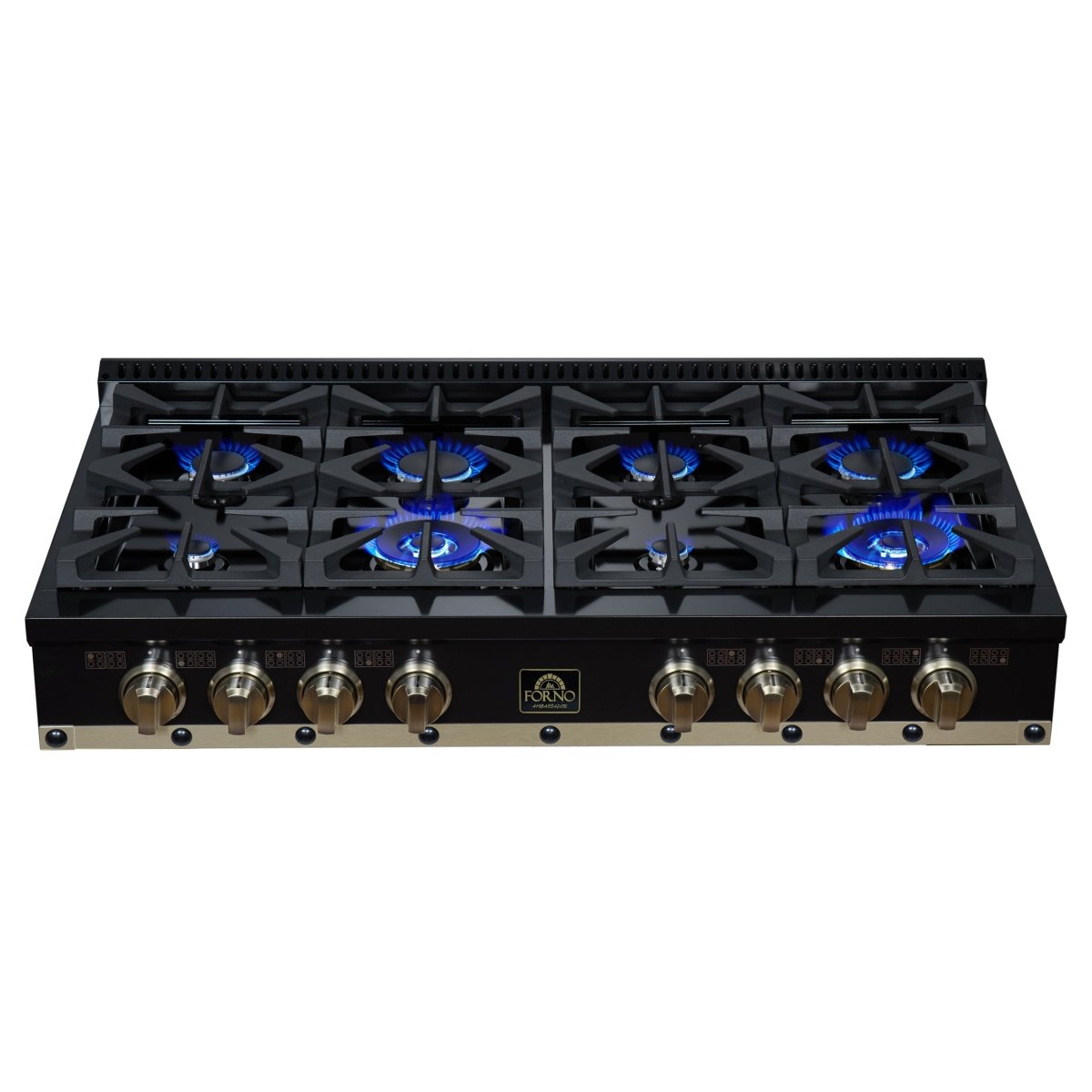 Ambassador 48" Gas Cooktop in Black, 8 Sealed burners, 94,000 BUT Output, 2 Antique Brass Dual-Ring Burners, Continuous Cast Iron Grates - BonPrix Électroménagers