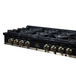 Ambassador 48" Gas Cooktop in Black, 8 Sealed burners, 94,000 BUT Output, 2 Antique Brass Dual-Ring Burners, Continuous Cast Iron Grates - BonPrix Électroménagers