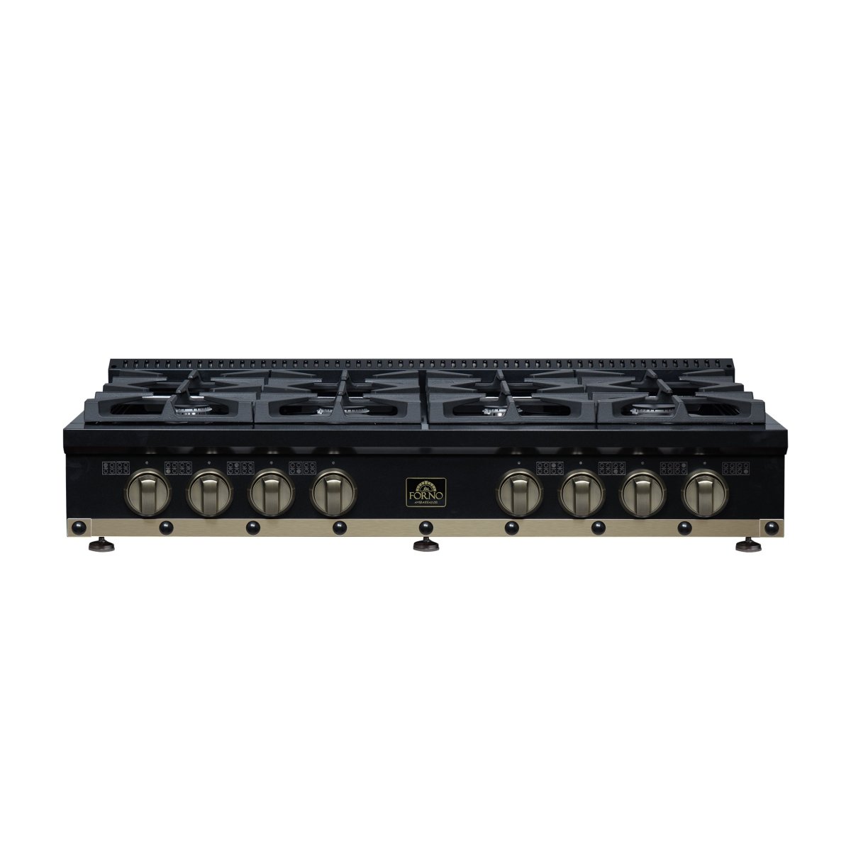 Ambassador 48" Gas Cooktop in Black, 8 Sealed burners, 94,000 BUT Output, 2 Antique Brass Dual-Ring Burners, Continuous Cast Iron Grates - BonPrix Électroménagers
