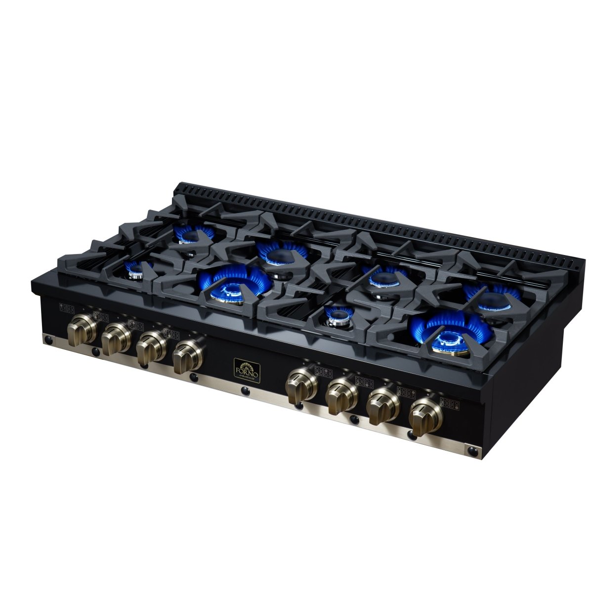 Ambassador 48" Gas Cooktop in Black, 8 Sealed burners, 94,000 BUT Output, 2 Antique Brass Dual-Ring Burners, Continuous Cast Iron Grates - BonPrix Électroménagers