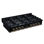Ambassador 48" Gas Cooktop in Black, 8 Sealed burners, 94,000 BUT Output, 2 Antique Brass Dual-Ring Burners, Continuous Cast Iron Grates - BonPrix Électroménagers