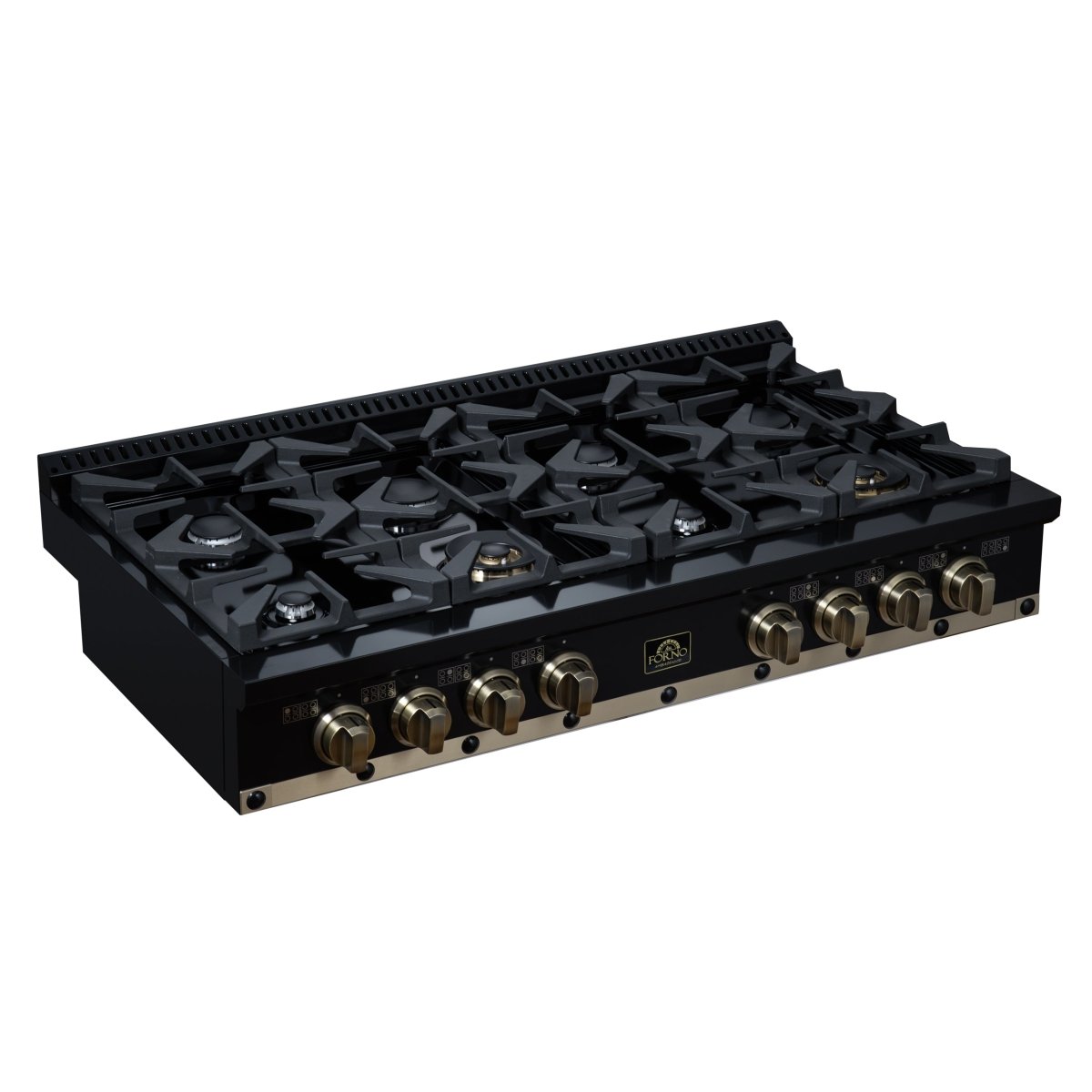 Ambassador 48" Gas Cooktop in Black, 8 Sealed burners, 94,000 BUT Output, 2 Antique Brass Dual-Ring Burners, Continuous Cast Iron Grates - BonPrix Électroménagers