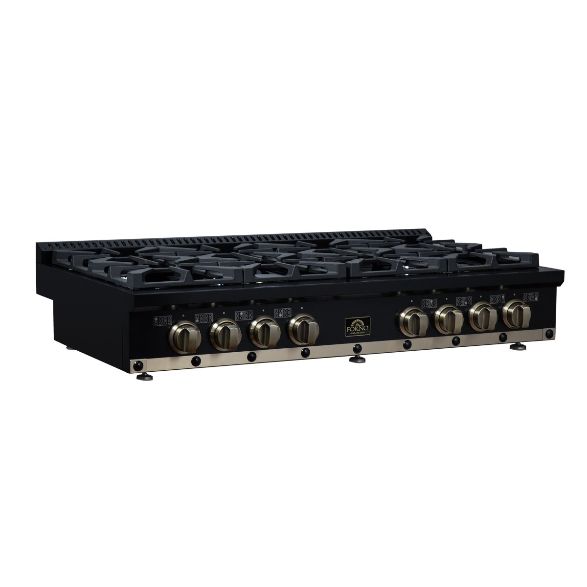Ambassador 48" Gas Cooktop in Black, 8 Sealed burners, 94,000 BUT Output, 2 Antique Brass Dual-Ring Burners, Continuous Cast Iron Grates - BonPrix Électroménagers