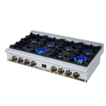 Ambassador 48" Gas Cooktop in White, 8 Sealed burners, 94,000 BUT Output, 2 Antique Brass Dual-Ring Burners, Continuous Cast Iron Grates - BonPrix Électroménagers