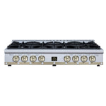 Ambassador 48" Gas Cooktop in White, 8 Sealed burners, 94,000 BUT Output, 2 Antique Brass Dual-Ring Burners, Continuous Cast Iron Grates - BonPrix Électroménagers