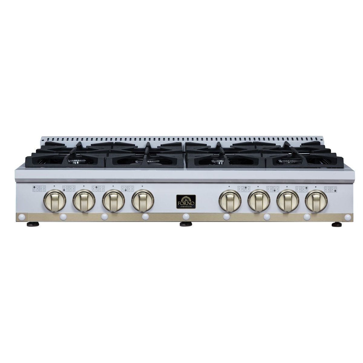 Ambassador 48" Gas Cooktop in White, 8 Sealed burners, 94,000 BUT Output, 2 Antique Brass Dual-Ring Burners, Continuous Cast Iron Grates - BonPrix Électroménagers