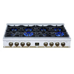 Ambassador 48" Gas Cooktop in White, 8 Sealed burners, 94,000 BUT Output, 2 Antique Brass Dual-Ring Burners, Continuous Cast Iron Grates - BonPrix Électroménagers