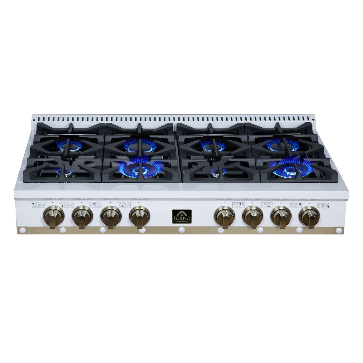 Ambassador 48" Gas Cooktop in White, 8 Sealed burners, 94,000 BUT Output, 2 Antique Brass Dual-Ring Burners, Continuous Cast Iron Grates - BonPrix Électroménagers