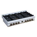 Ambassador 48" Gas Cooktop in White, 8 Sealed burners, 94,000 BUT Output, 2 Antique Brass Dual-Ring Burners, Continuous Cast Iron Grates - BonPrix Électroménagers