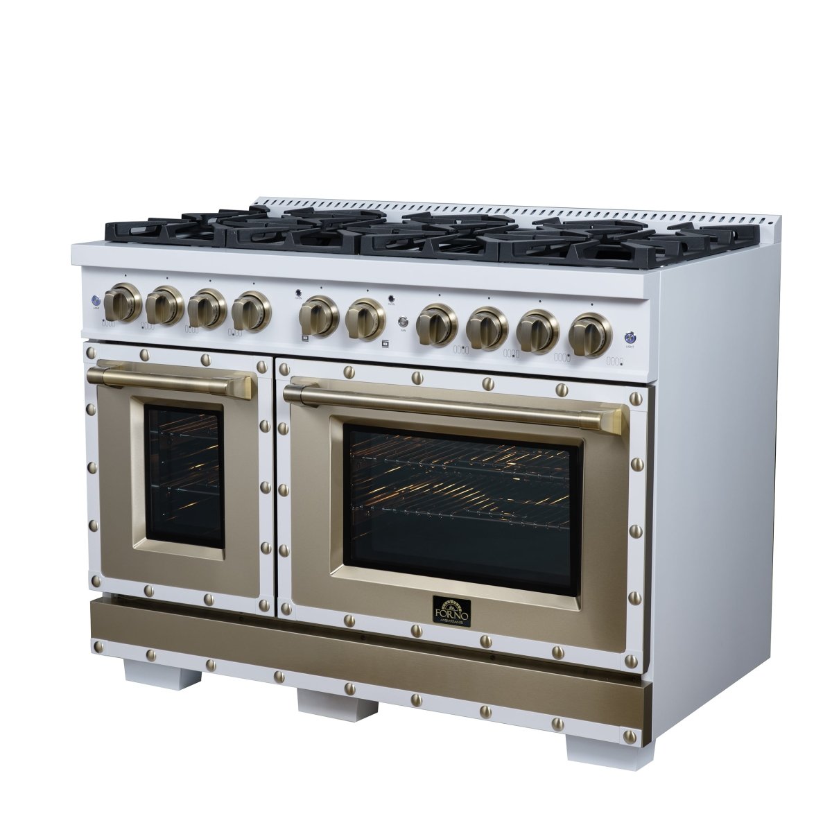 Ambassador 48" Gas Range in White, 8 Sealed Burnes, 94 000 BTU Cooktop Output, 6.7 Cu.Ft. Double Oven, Telescopic Racks - BonPrix Électroménagers