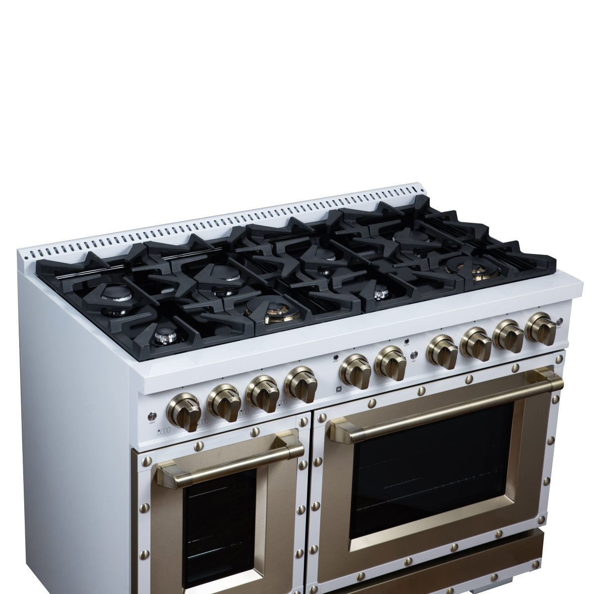 Ambassador 48" Gas Range in White, 8 Sealed Burnes, 94 000 BTU Cooktop Output, 6.7 Cu.Ft. Double Oven, Telescopic Racks - BonPrix Électroménagers