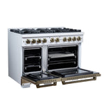 Ambassador 48" Gas Range in White, 8 Sealed Burnes, 94 000 BTU Cooktop Output, 6.7 Cu.Ft. Double Oven, Telescopic Racks - BonPrix Électroménagers
