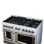 Ambassador 48" Gas Range in White, 8 Sealed Burnes, 94 000 BTU Cooktop Output, 6.7 Cu.Ft. Double Oven, Telescopic Racks - BonPrix Électroménagers