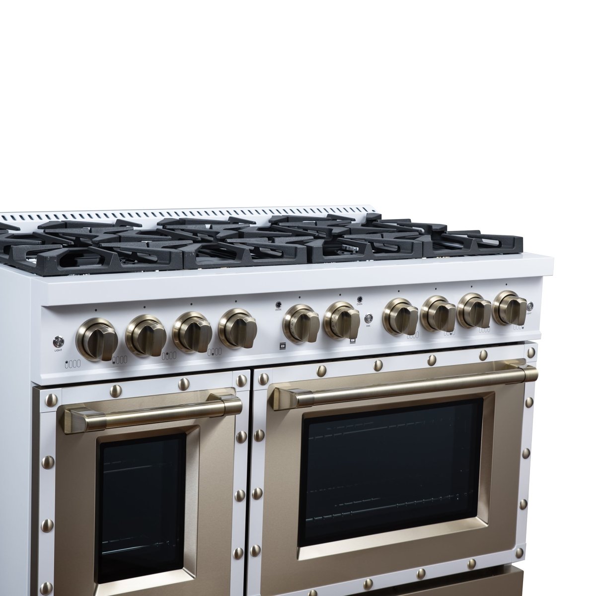 Ambassador 48" Gas Range in White, 8 Sealed Burnes, 94 000 BTU Cooktop Output, 6.7 Cu.Ft. Double Oven, Telescopic Racks - BonPrix Électroménagers
