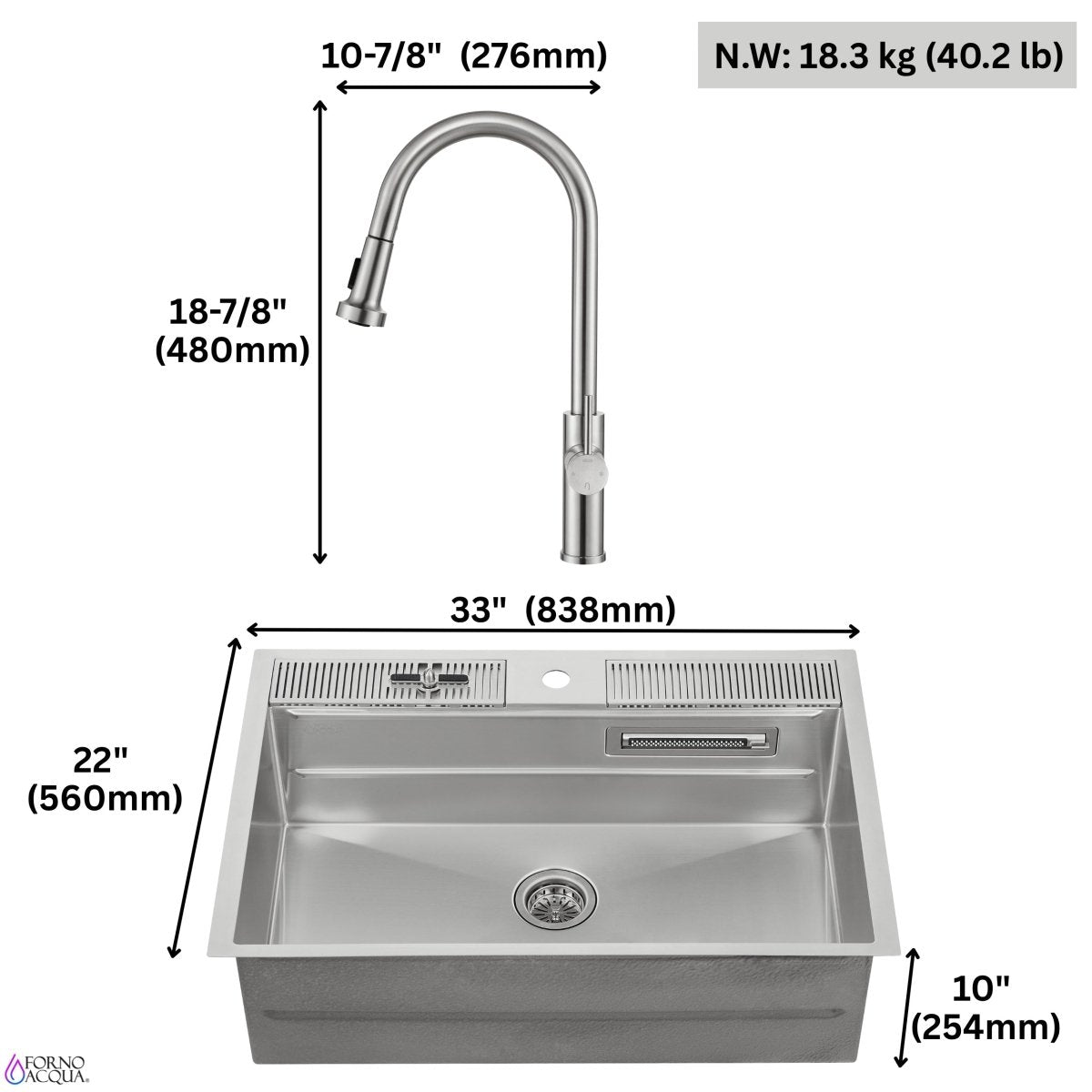 FORNO ACQUA 33 in. Drop-In/Undermount 3-Level Workstation with Retractable Faucet & Glass Rinser - BonPrix Électroménagers