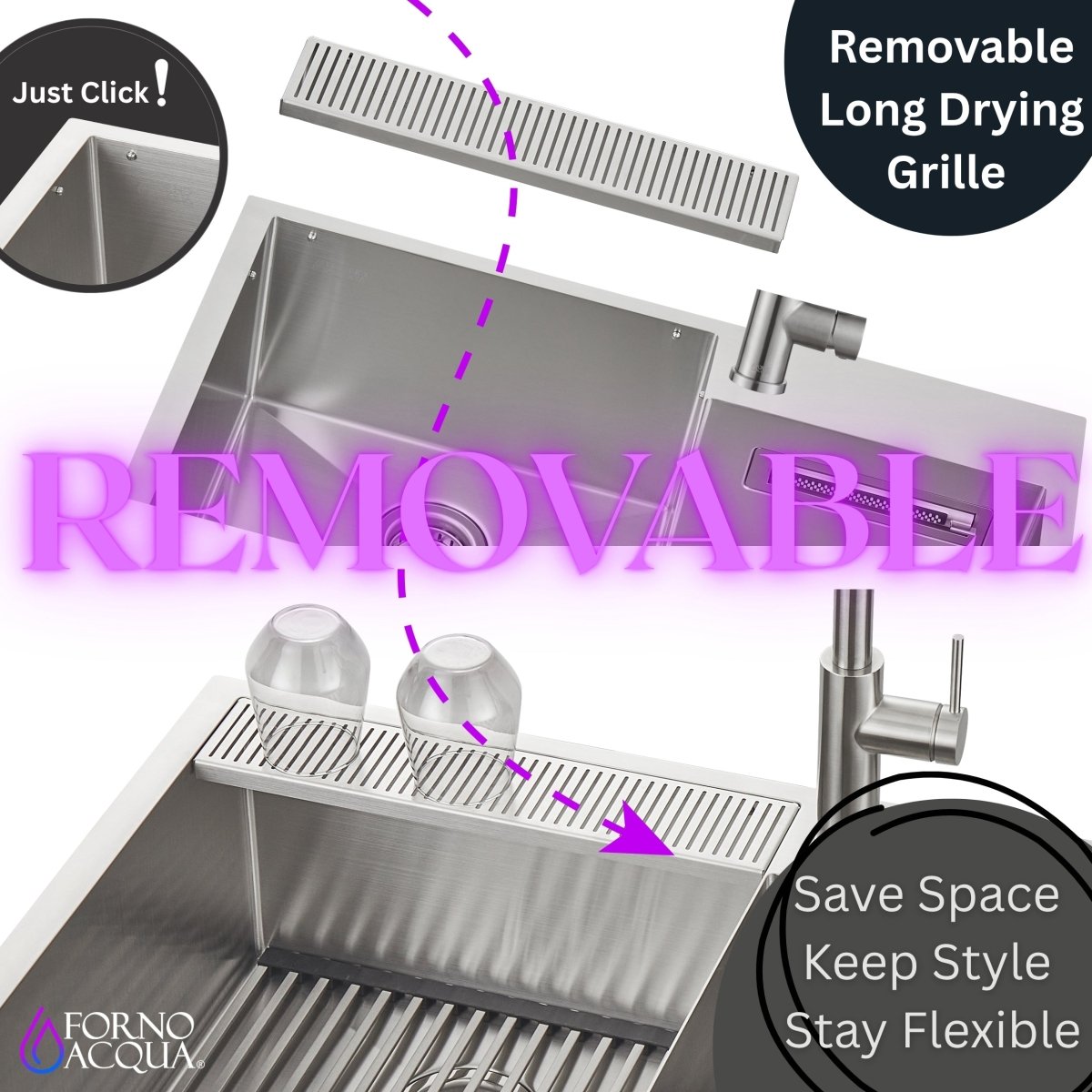 FORNO ACQUA 33 in. Drop-In/Undermount 40/60 Double Bowl Sink with Retractable Faucet & Waterfall - BonPrix Électroménagers