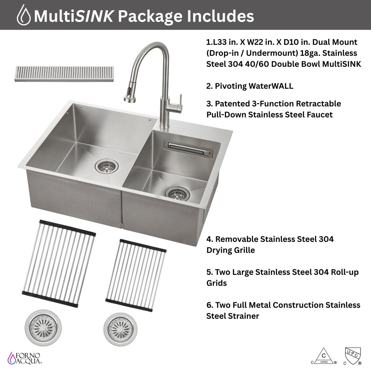 FORNO ACQUA 33 in. Drop-In/Undermount 40/60 Double Bowl Sink with Retractable Faucet & Waterfall - BonPrix Électroménagers